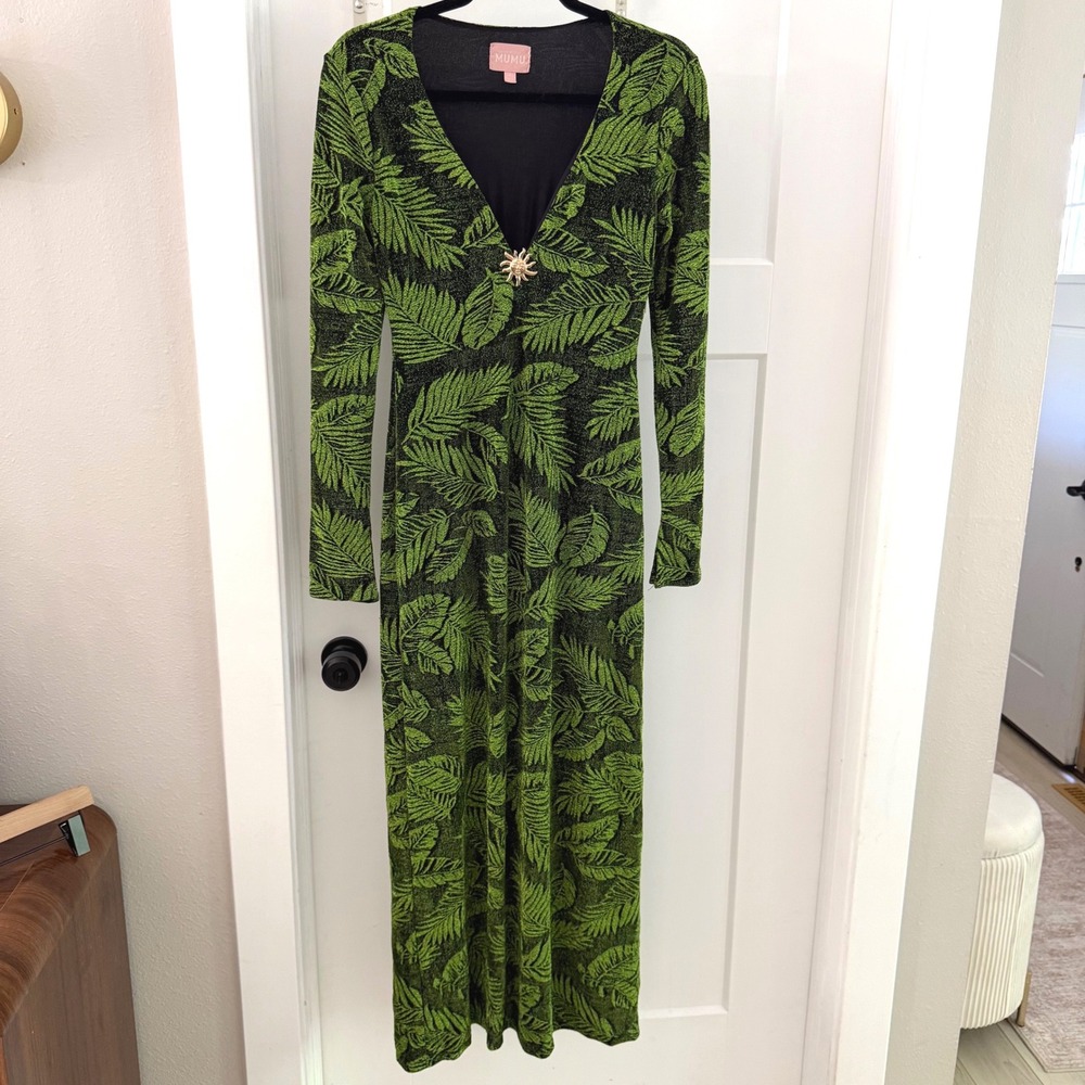 Show Me Your Mumu Lopez Dress Palm Sparkle Stretch Green Black Sun Charm Maxi S